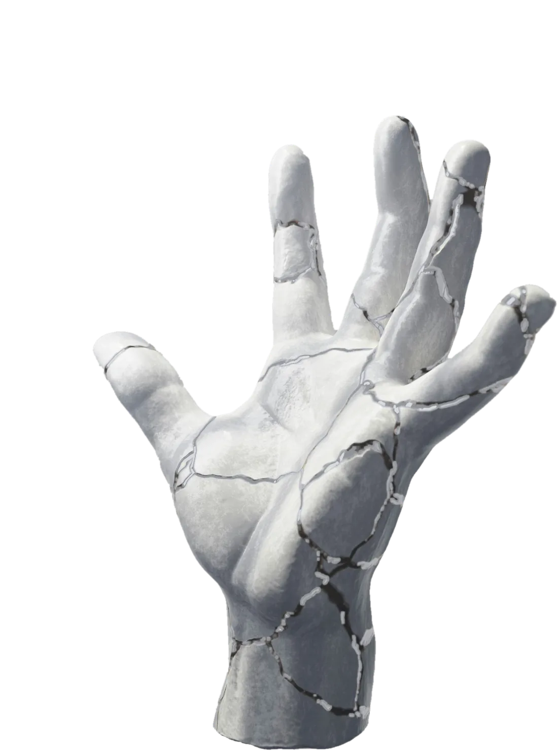 A marble hand, cracked; the cracks are traced one by one