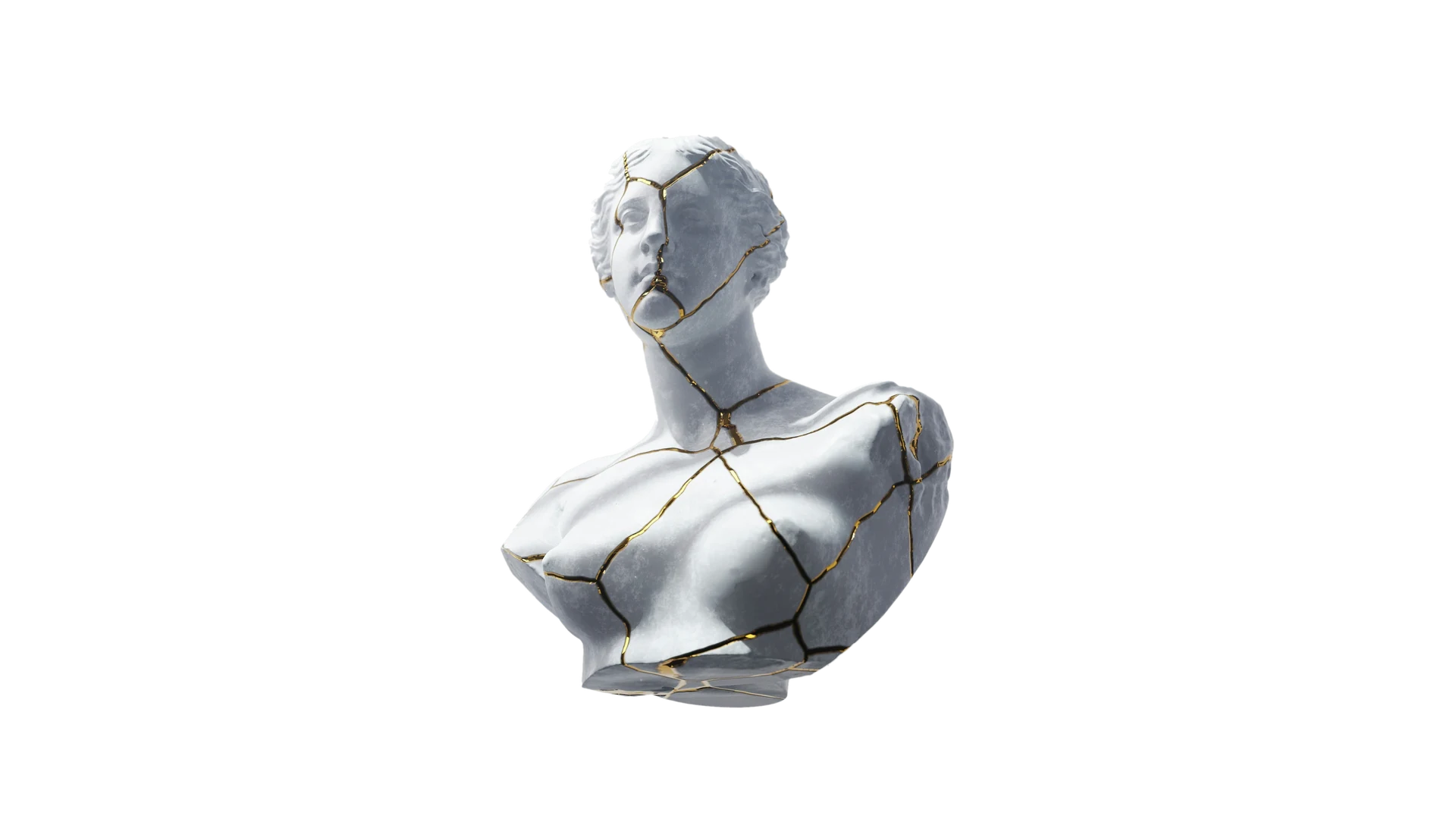 A marble bust, broken and repaired with gold along every seam